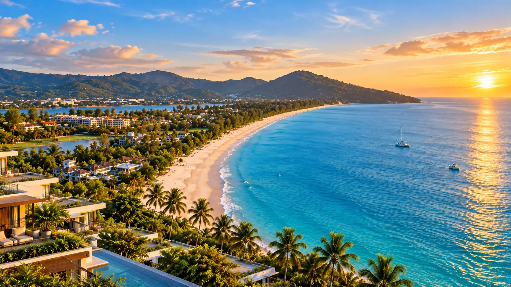 Aerial view of Bangtao Beach Phuket with resorts, residential properties and tropical coastline