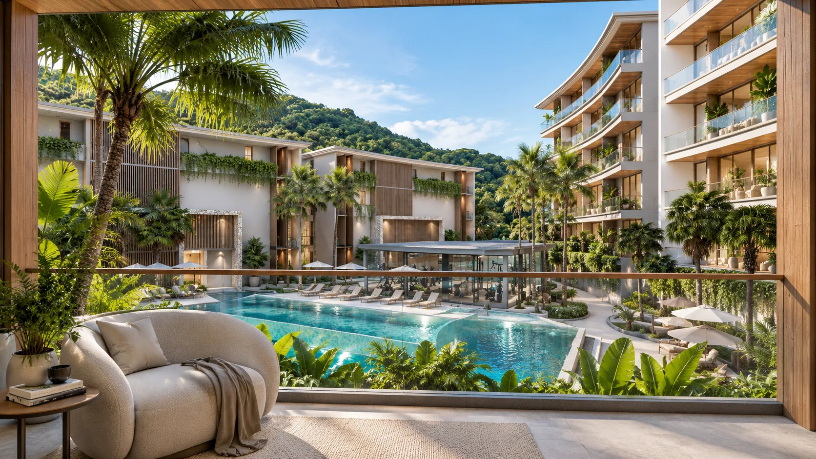 resort style condo Phuket with tropical landscaping and low-rise buildings