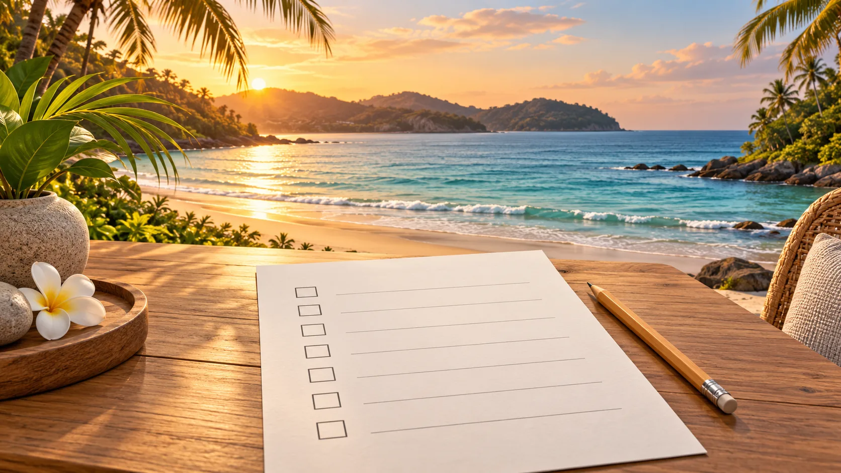 Phuket west-coast bay at golden hour with a blank scorecard and pencil on a wooden table in the foreground