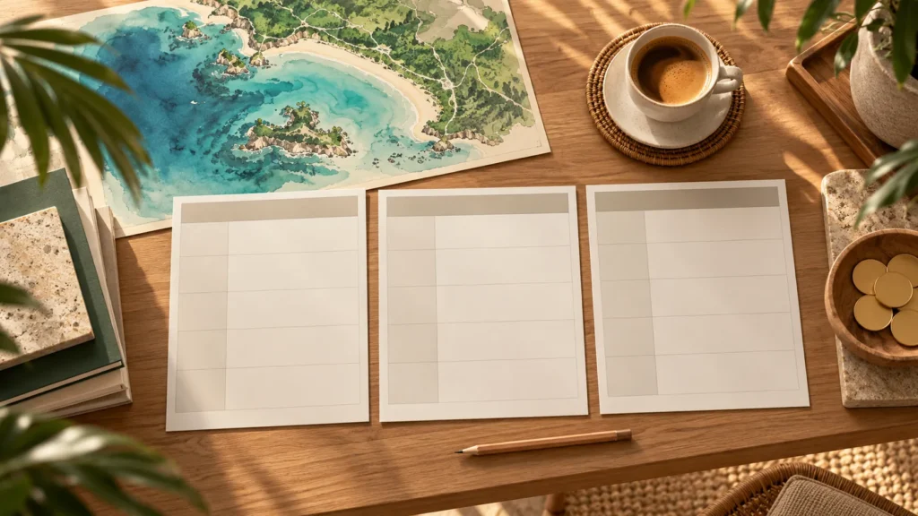 Hand-drawn style illustration of a buyer's desk with three blank scorecards, a pencil and a map of Phuket's west coast, representing a Bang Tao investment property comparison
