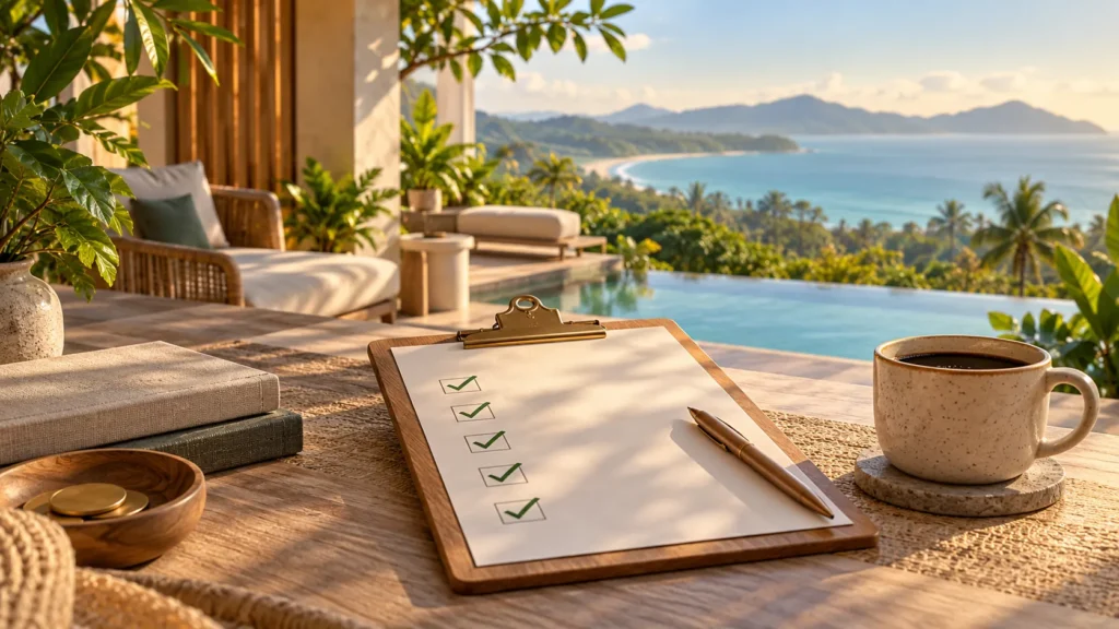 Illustration of a completed checklist beside a notebook and coffee on a terrace overlooking tropical greenery, ready for a property viewing in Bang Tao