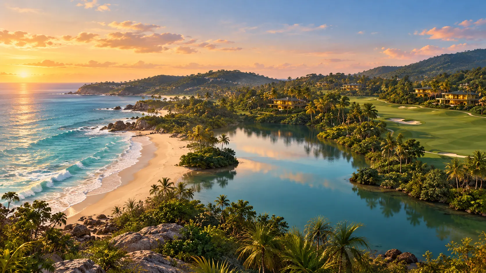 Phuket west-coast landscape with a beach, a lagoon and a golf fairway beside low-rise residences