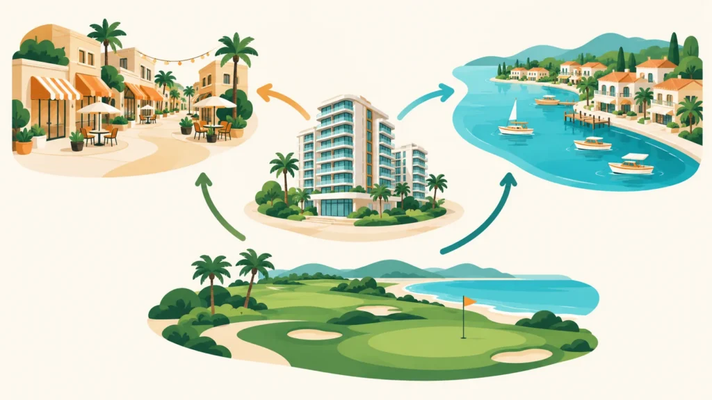Illustrated diagram of a condominium surrounded by three clusters: an open-air shopping street, a lagoon-side village and a golf course by the coast