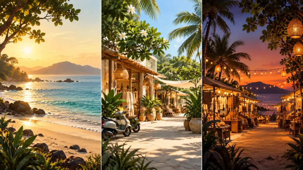 Illustrated three-panel scene of a Bang Tao day with a beach walk in the morning, a shopping stop at midday and an evening market