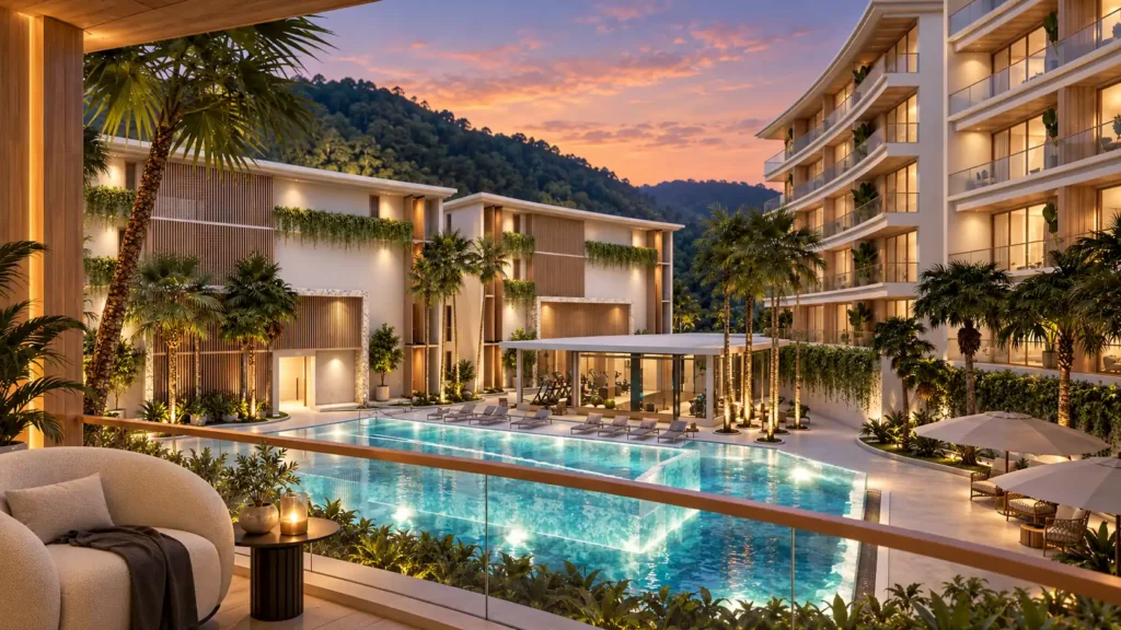 Architectural rendering style illustration of low-rise residence buildings set among tropical gardens and a pool courtyard