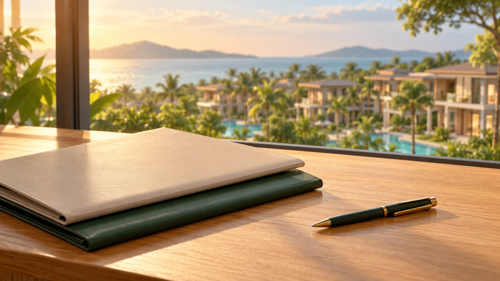 Contract folders and a pen on a desk with a tropical residence complex visible through the window
