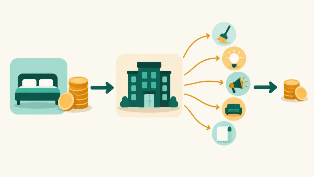 Diagram showing the flow of guest payments through an operator, with deductions before the owner's share