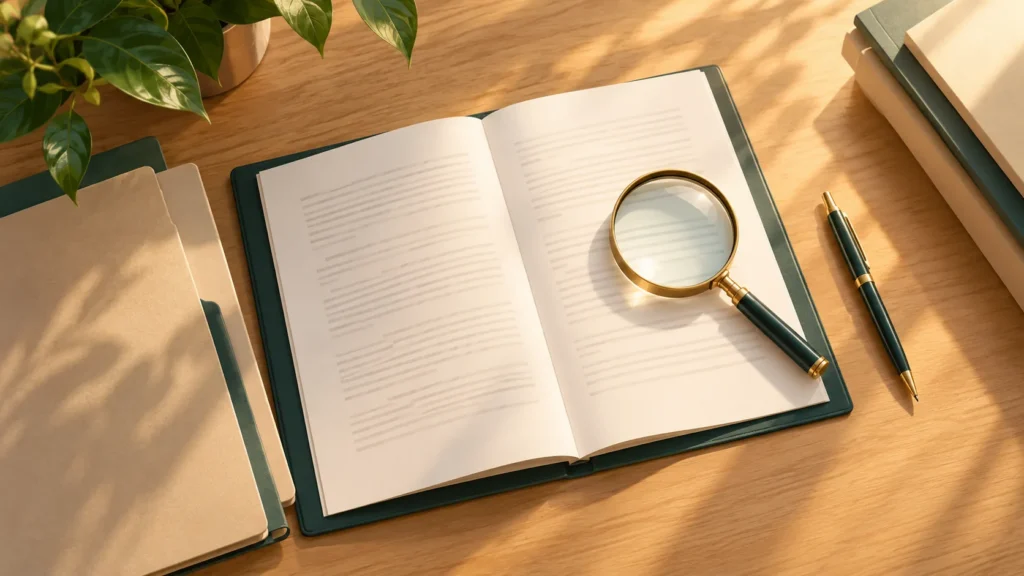 Illustration of a desk with a contract, folders and a pen, representing a document review before a purchase