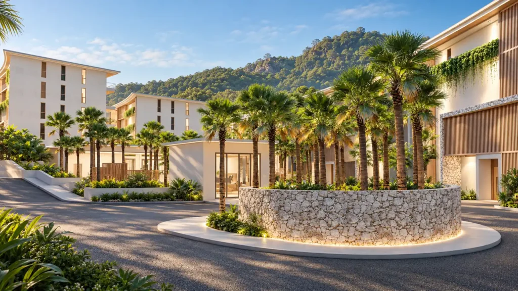 Illustration of a modern low-rise tropical residence complex with a pool courtyard, used to show a managed residence project