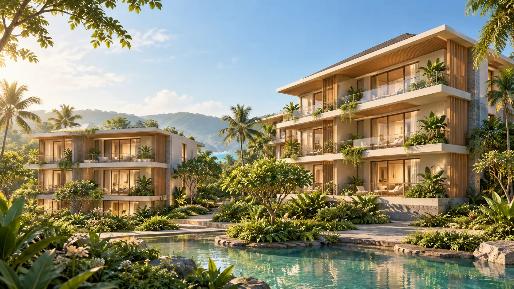 Two low-rise tropical residences of different sizes side by side among gardens