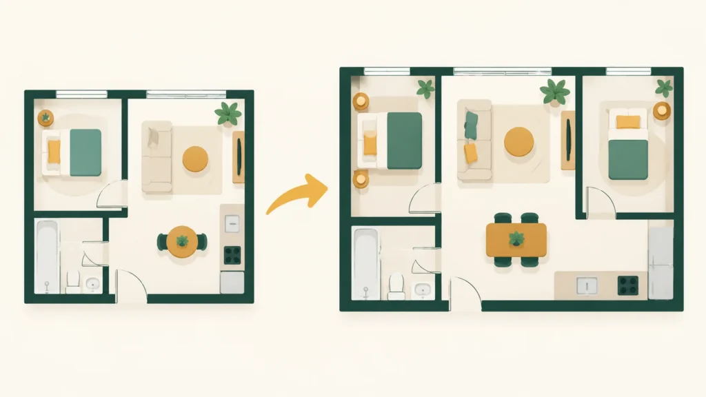 Illustrated diagram comparing two simple apartment outlines, a compact one with one sleeping area and a larger one with two, drawn without measurements