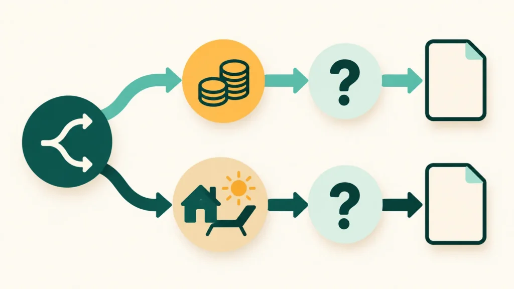 Illustrated diagram of a decision path splitting into an income-led branch and a use-led branch, each leading to a question mark and a document icon