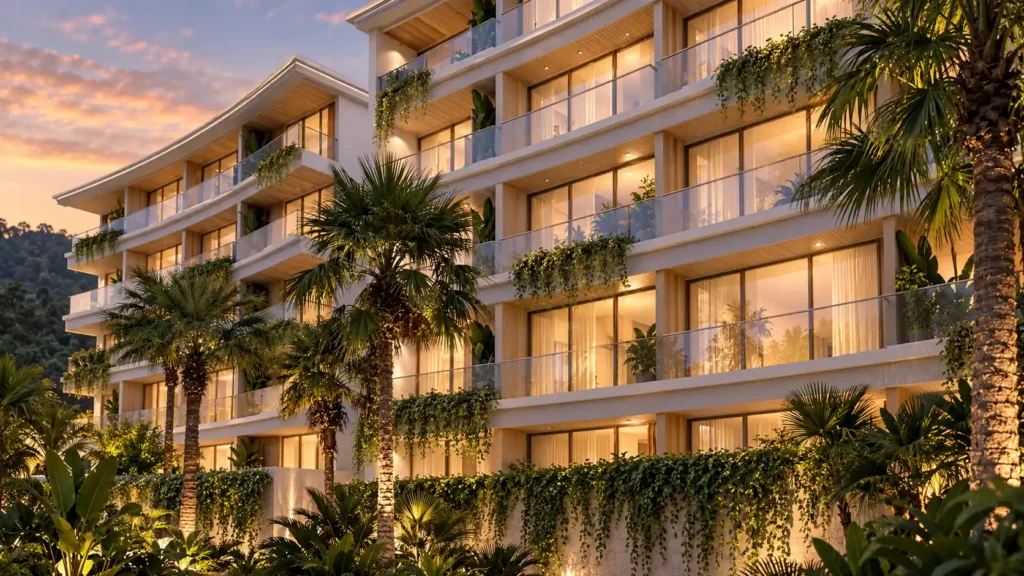 Architectural rendering style illustration of a low-rise residence building with balconies facing a tropical garden at dusk