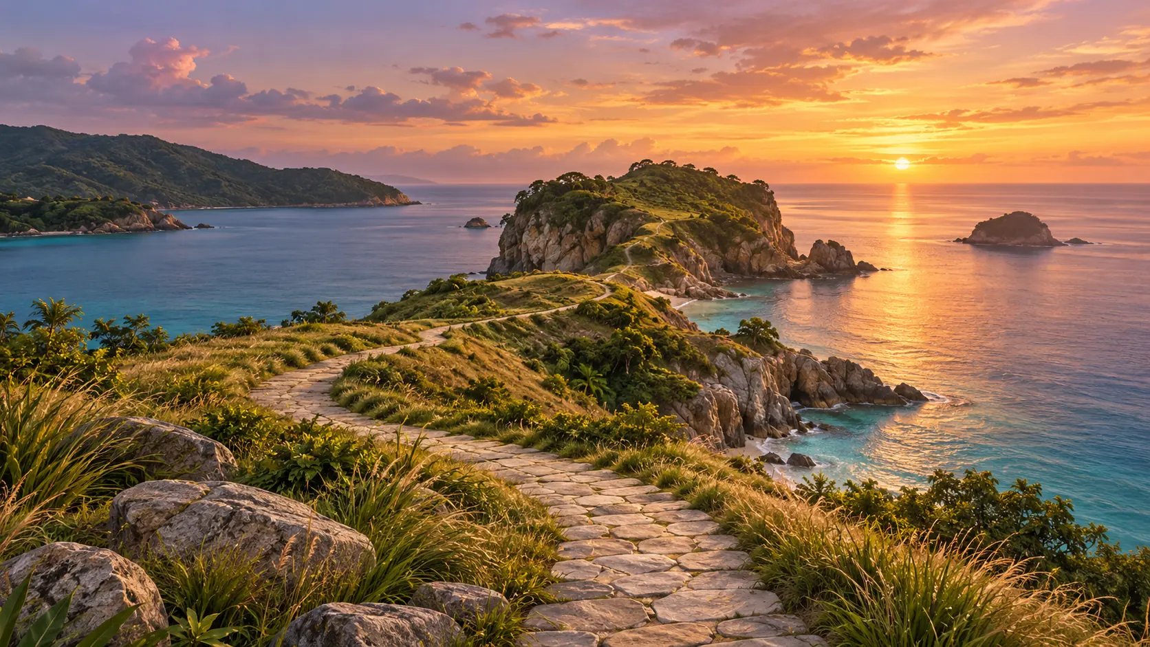 Long path leading to a Phuket coastline at dusk, representing the holding period of a property investment