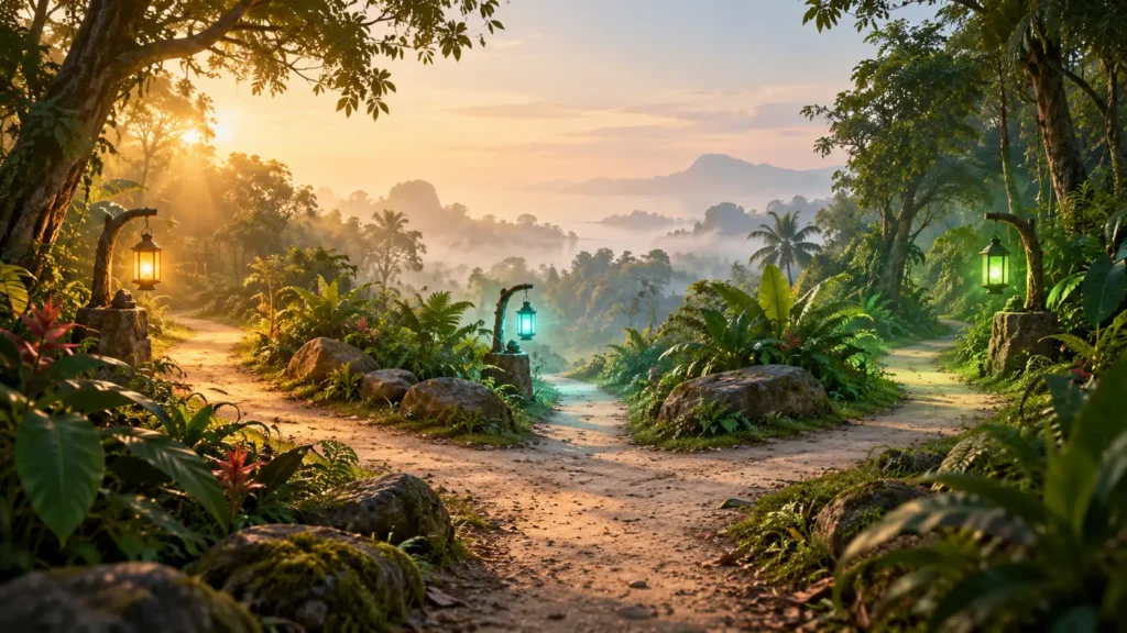 Illustration of a path splitting into three trails through tropical greenery, each marked by a different coloured lantern, representing income-led, growth-led and use-led goals