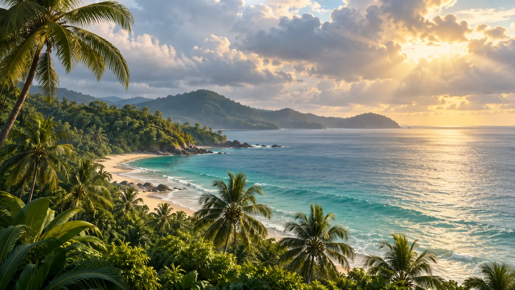 Phuket coastline under green-season clouds with palm trees and calm water