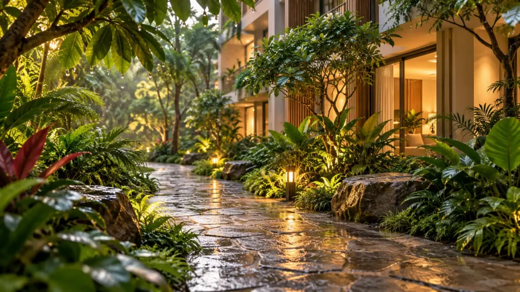 Quiet green-season garden path beside a low-rise residential building in a tropical resort setting