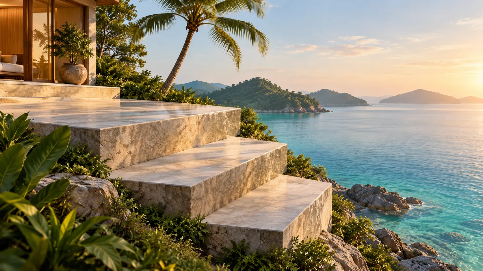 Three stepped stone ledges descending toward calm turquoise water at sunrise