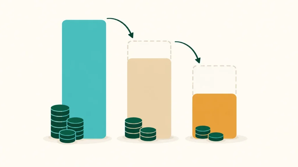 Simple diagram of three stacked bars showing revenue shrinking as costs are taken away, to illustrate gross versus net rent revenue on a Phuket condo