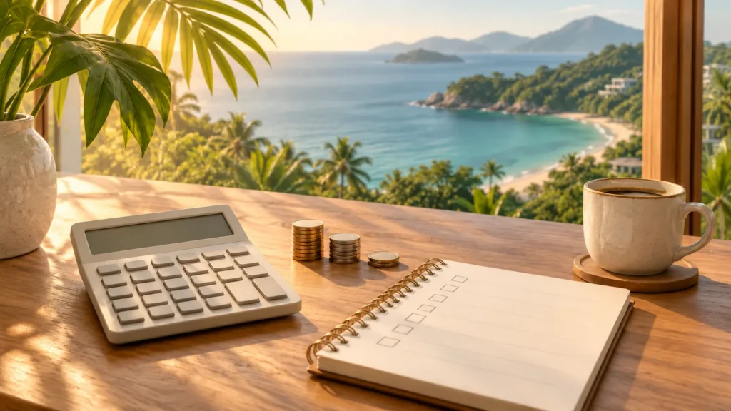 Illustration of a calculator, a notebook with blank checkboxes, small stacks of coins and a cup of coffee on a wooden table, symbolising a worksheet for checking a rental offer